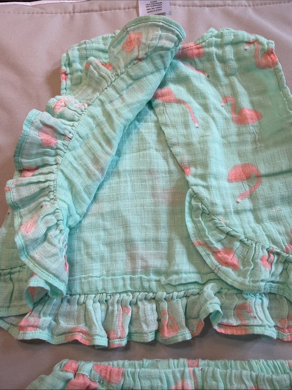 Angel Dear Mint Green and Pink Flamingo Ruffle Top & Diaper Cover Cotton Gauze - Picture 4 of 6